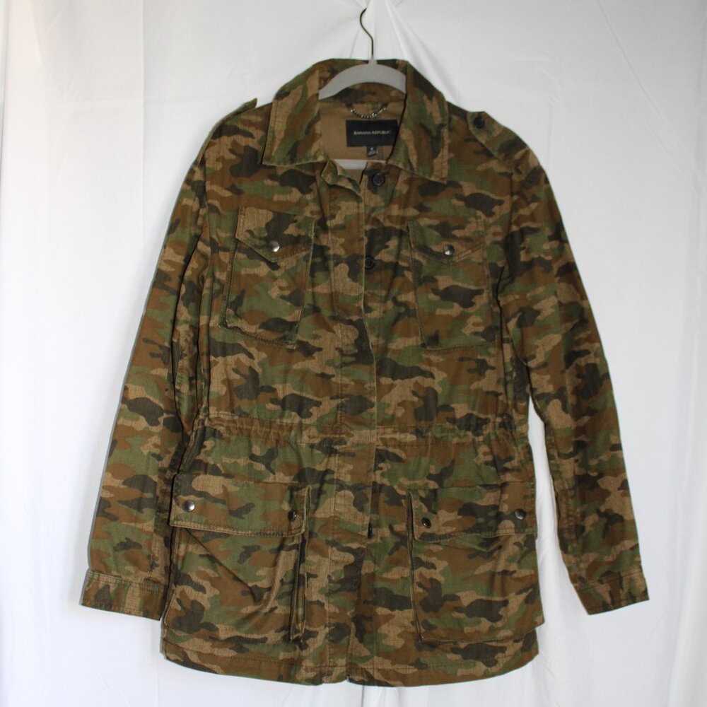Banana Republic Camo Camoflauge Women's Jacket Buttons Cinched Waist Pockets - Picture 3 of 10